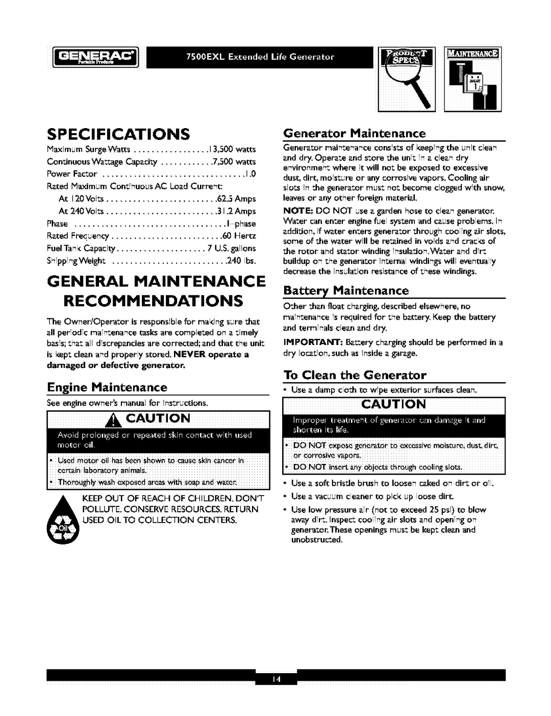 Generac 1019-3 owner manual Specifications, General Haintenance Recommendations, Engine Maintenance, Battery Maintenance 