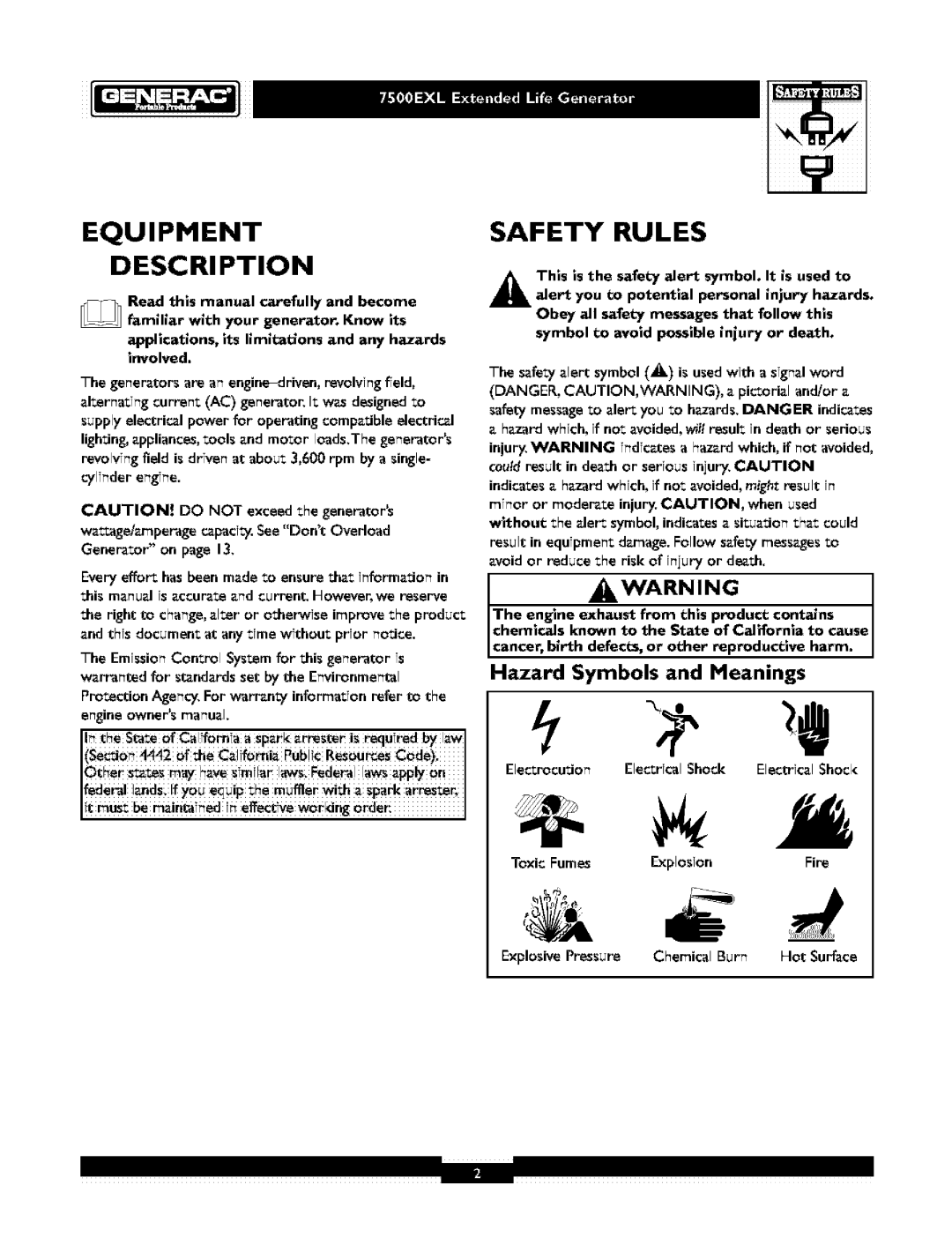 Generac 1019-3 owner manual Equipment Description, Safety Rules, Hazard Symbols and Meanings 