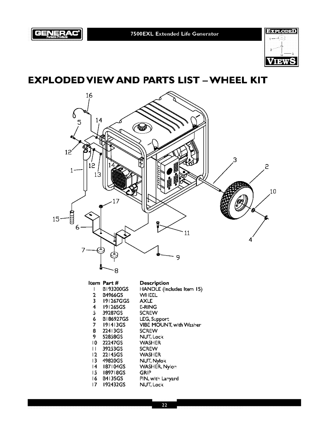 Generac 1019-3 owner manual Exploded Vi Ew An D Parts List - Wh Eel Kit, Description, 5 39287GS SCREW, 192432GS 