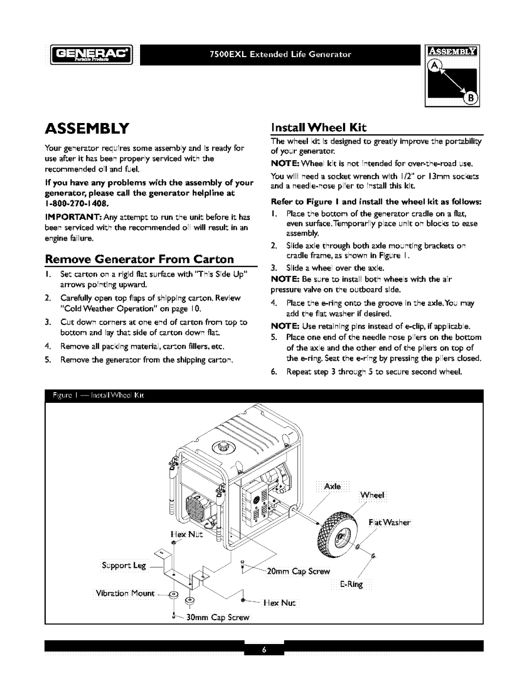 Generac 1019-3 owner manual Assembly, Remove Generator From Carton, Install Wheel Kit 