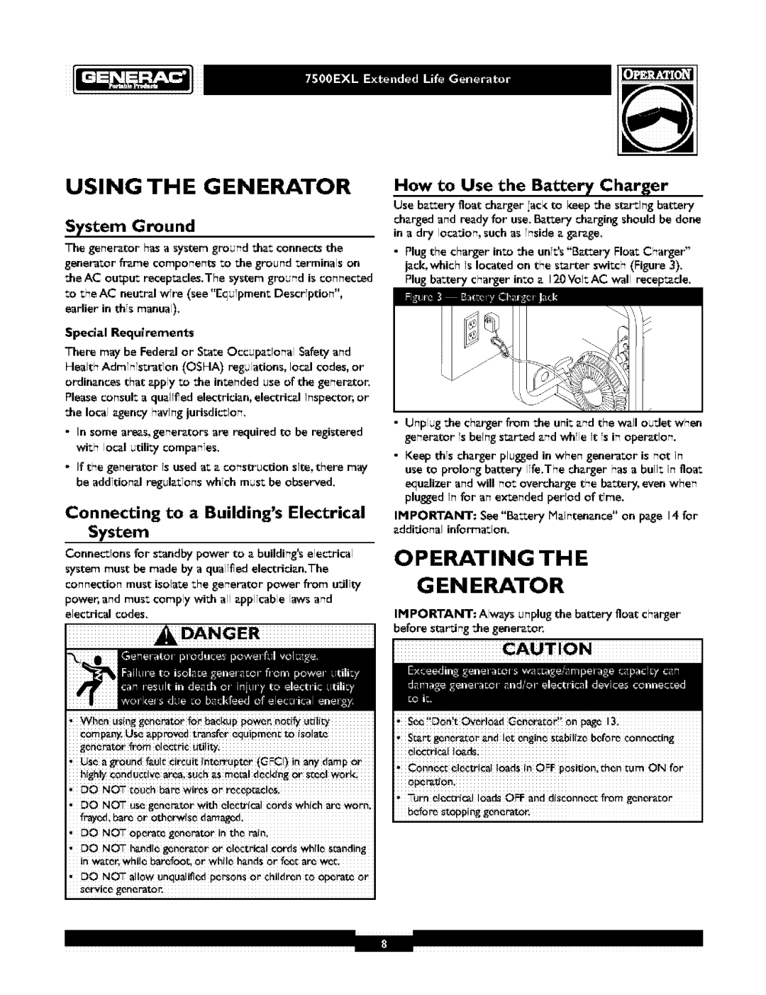 Generac 1019-3 Using The Generator, Operating The, G En Erato R, System Ground, wh , usi,g o,o tor orbackupp0*o, Danger 