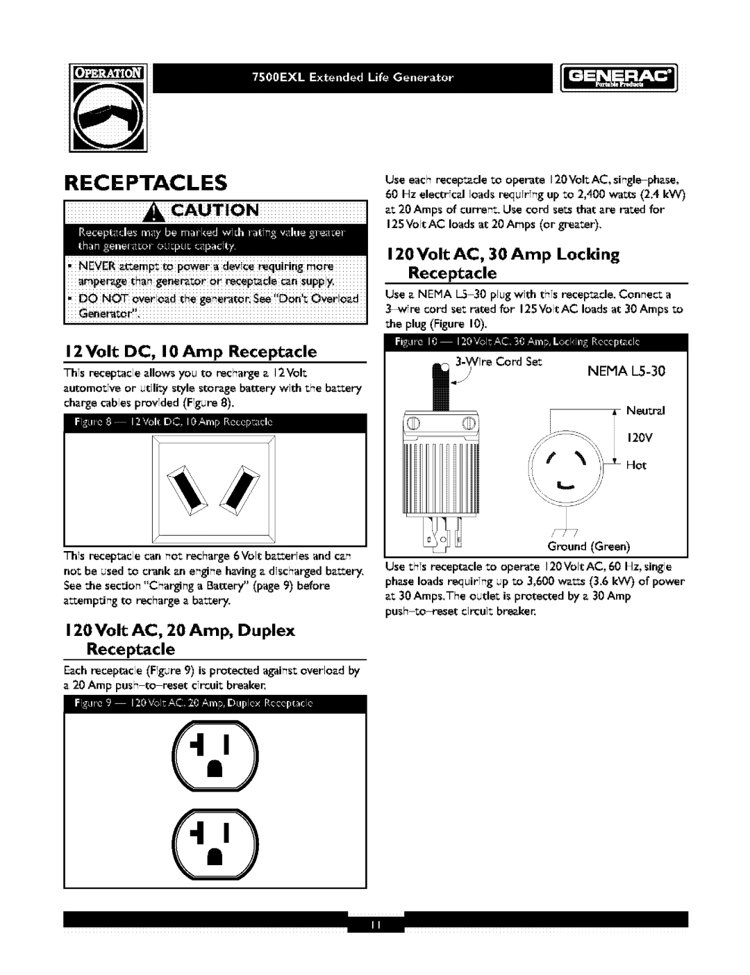 Generac 1019-3 owner manual Receptacles, Volt DC, I 0 Amp Receptacle, Volt AC, 20 Amp, Duplex Receptacle 