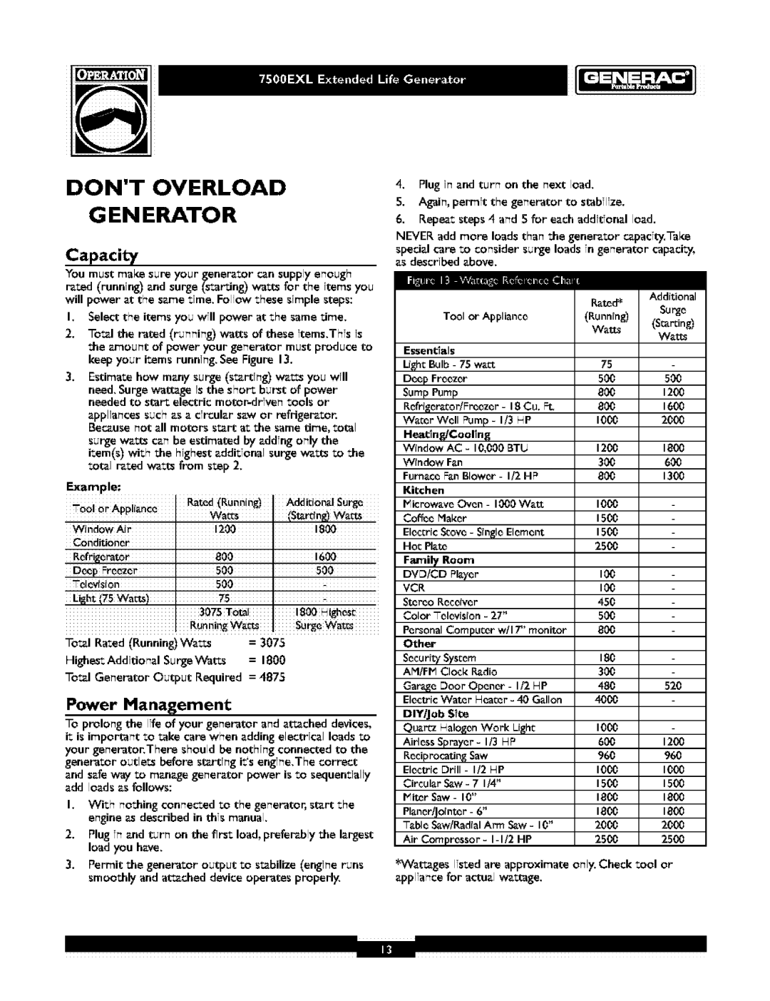 Generac 1019-3 owner manual Capacity 