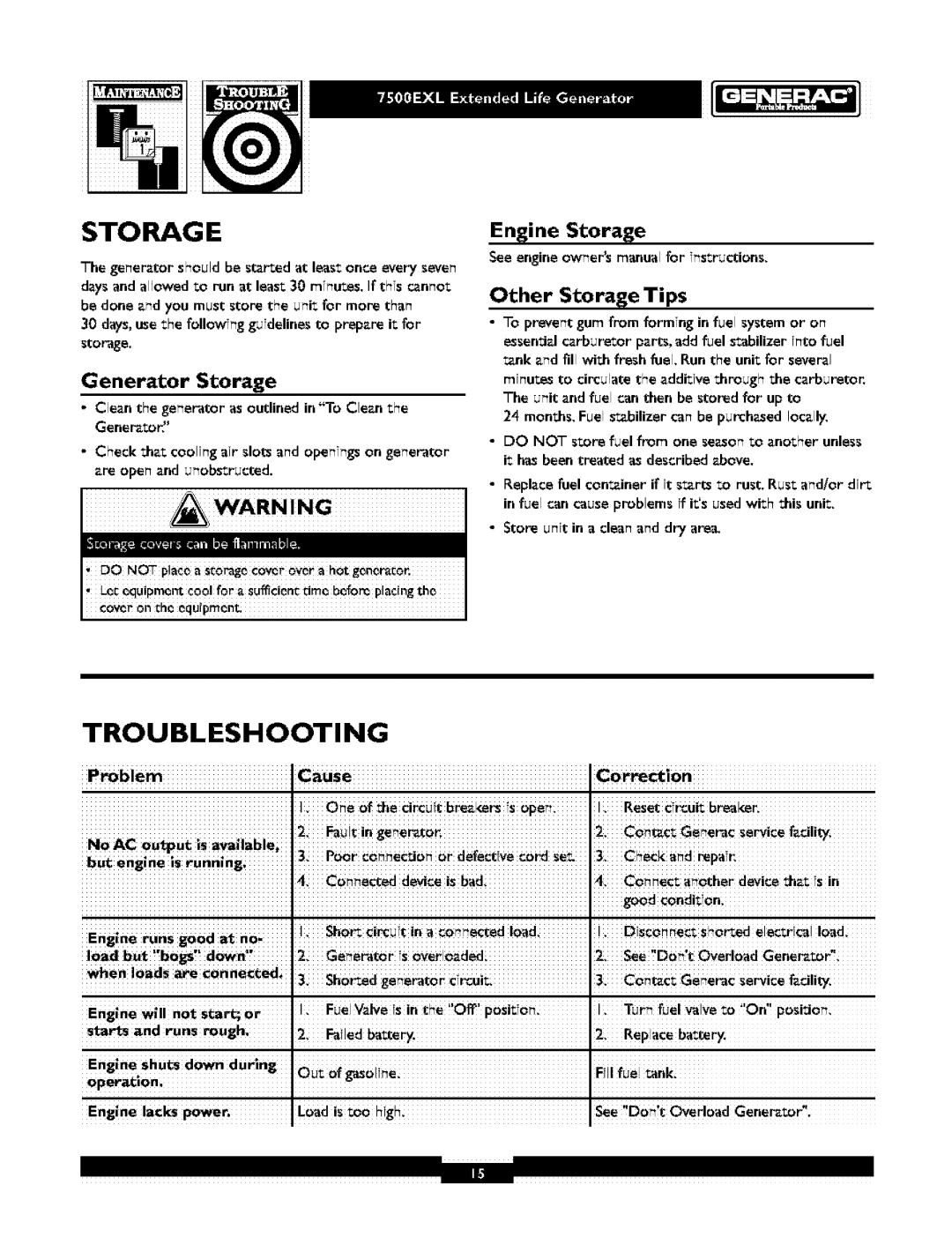 Generac 1019-3 owner manual Sto Rag E, Troubleshooting, Generator Storage, Engine Storage Other Storage Tips, Problem Cause 