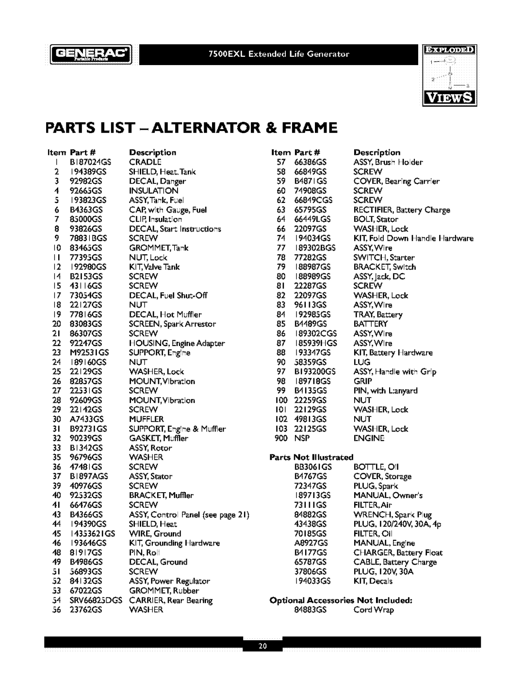 Generac 1019-3 owner manual Parts List, Frame 