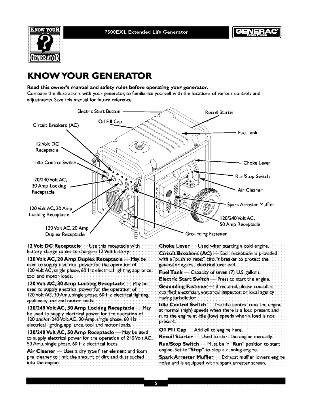 Generac 1019-3 owner manual Know Your G EN Erator, FuelTank 12Volt DC Receptacle, 120/240Volt AC Amp Locldng 