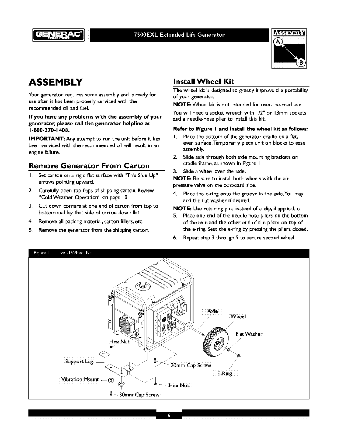 Generac 1019-3 owner manual Assembly, Remove Generator From Carton, Install Wheel Kit, Slide a wheel over the axle 