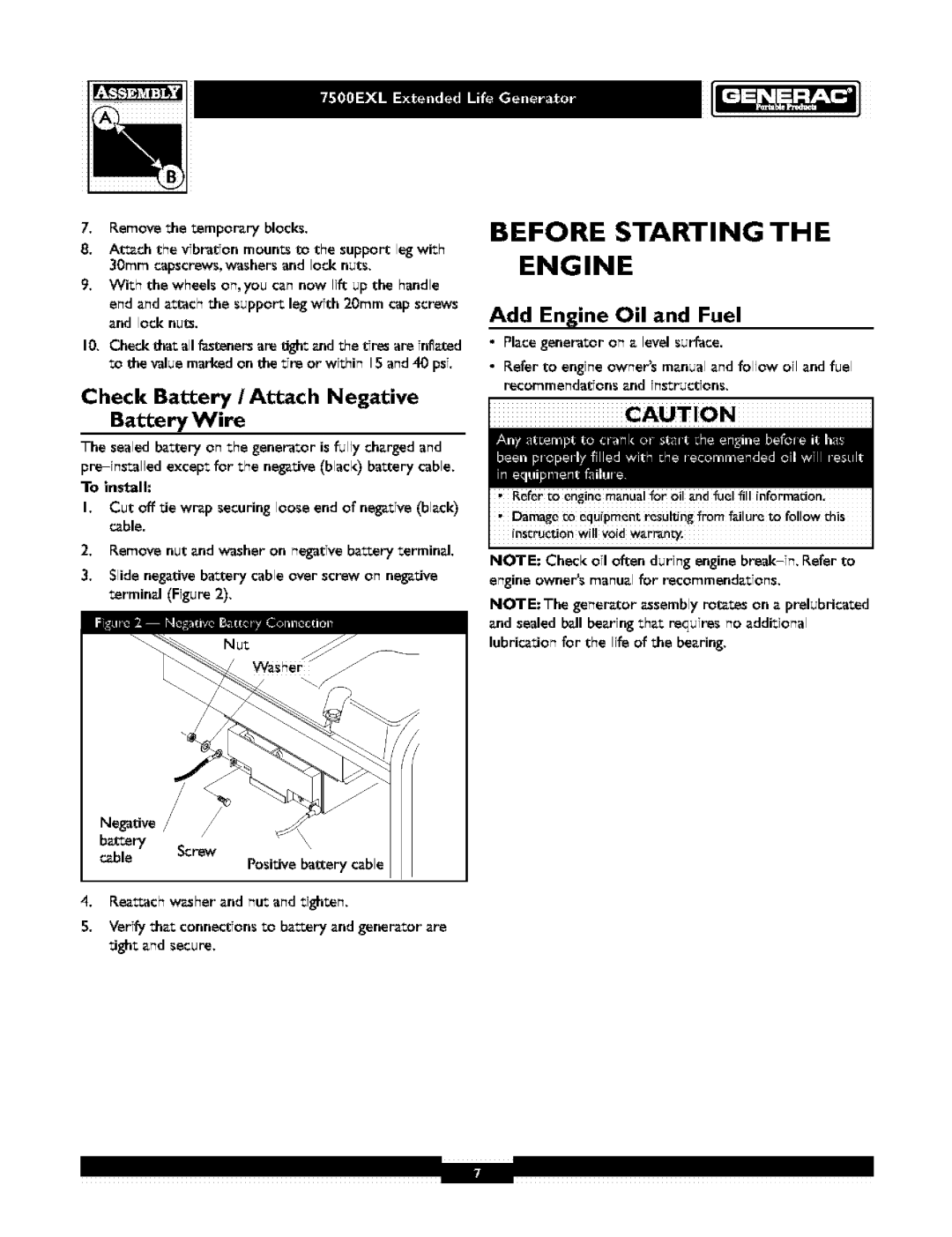 Generac 1019-3 Before Starting Engine, Check Battery /Attach Negative, Atch the vibration mourns to the support leg with 