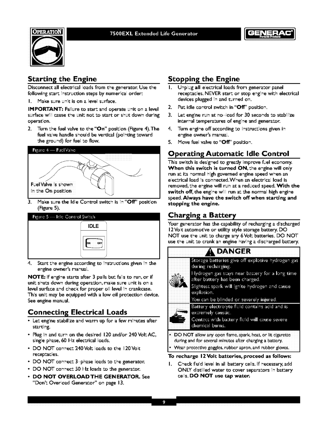 Generac 1019-3 Starting the Engine, Stopping the Engine, Operating Automatic Idle Control, Connecting Electrical Loads 