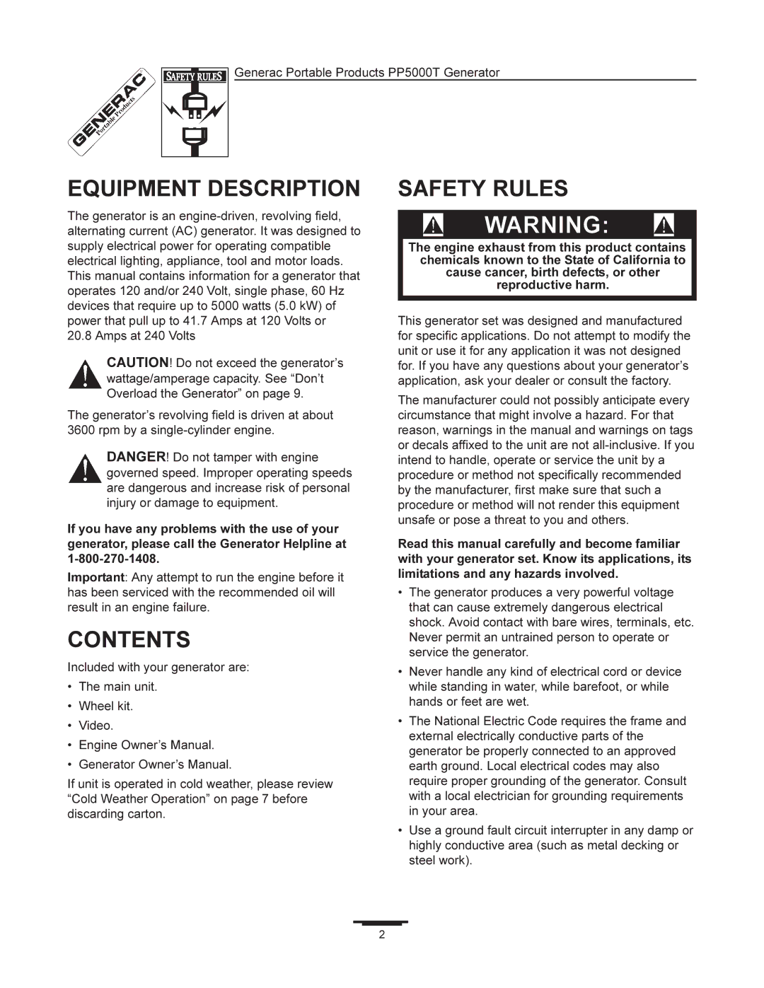 Generac 11400 manual Equipment Description, Contents, Safety Rules 