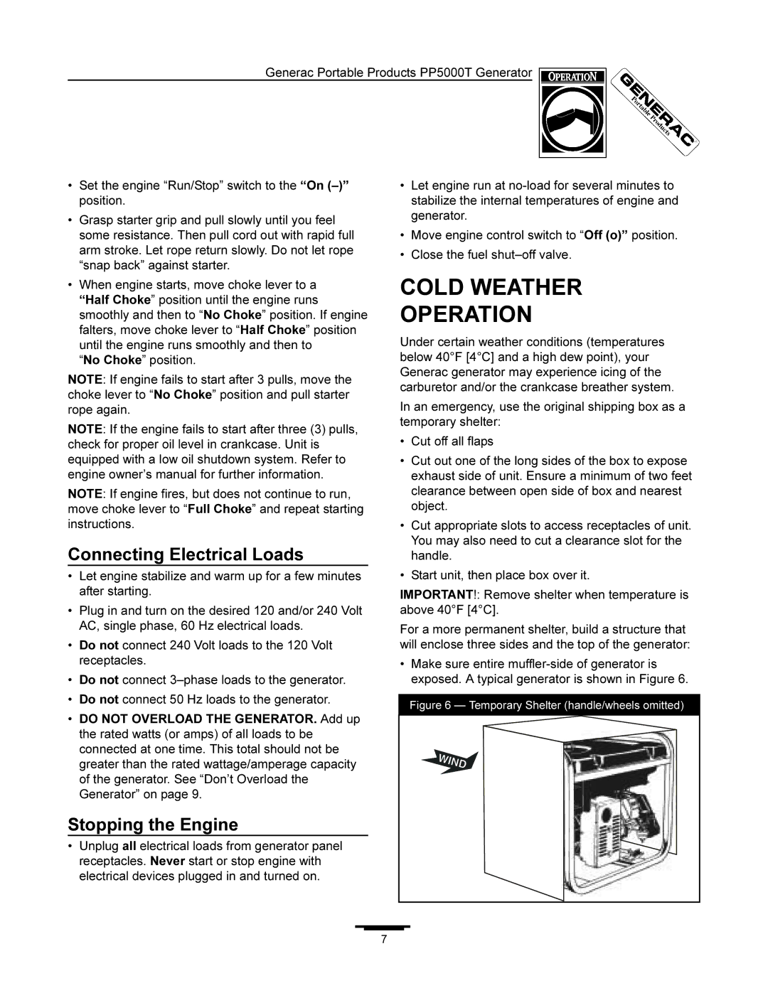 Generac 11400 manual Cold Weather Operation, Connecting Electrical Loads, Stopping the Engine 