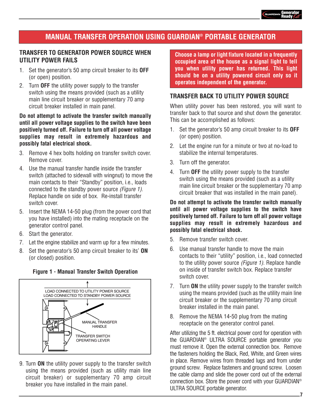 Generac 1276-1 owner manual Manual Transfer Operation Using Guardian Portable Generator 