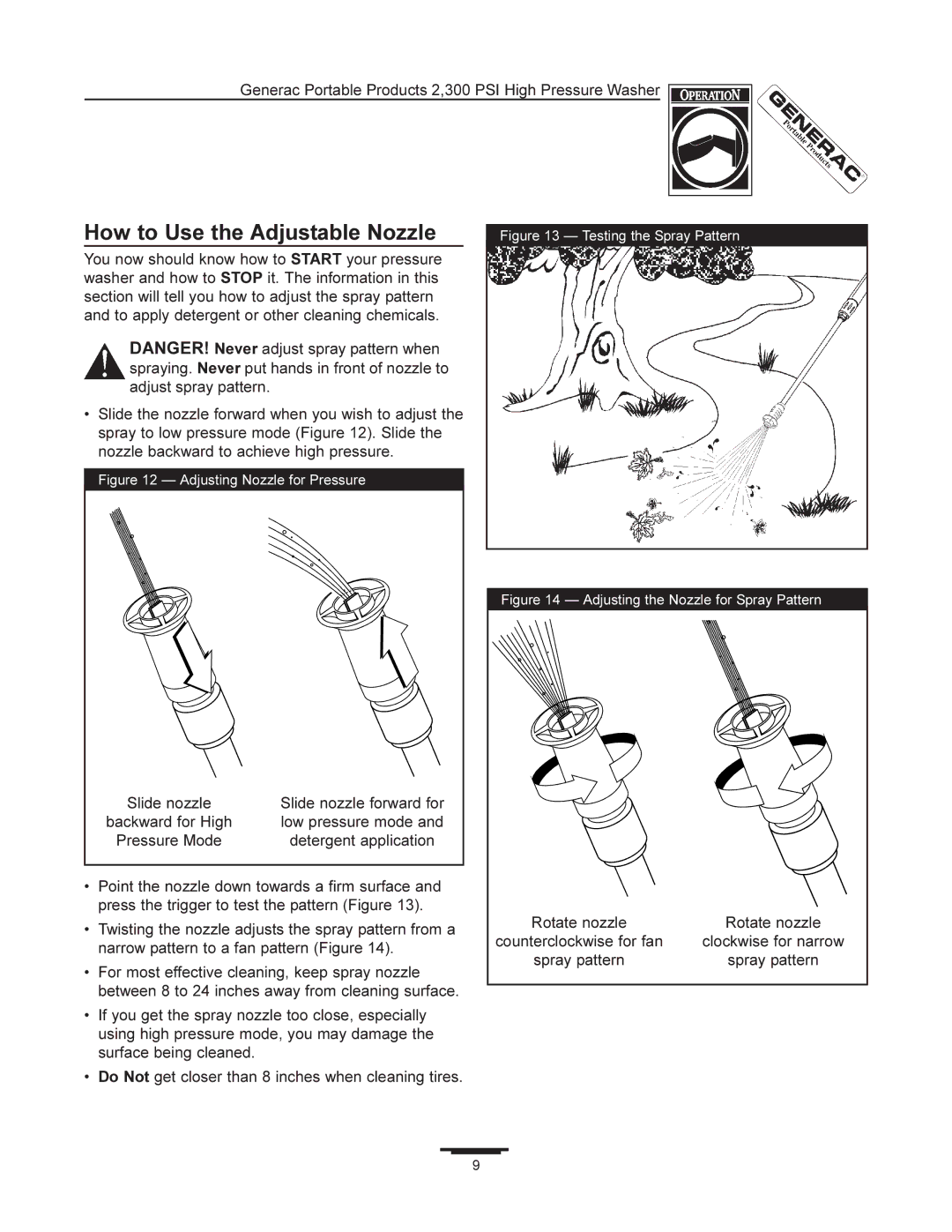 Generac 1292-2 manual How to Use the Adjustable Nozzle, Adjusting Nozzle for Pressure 