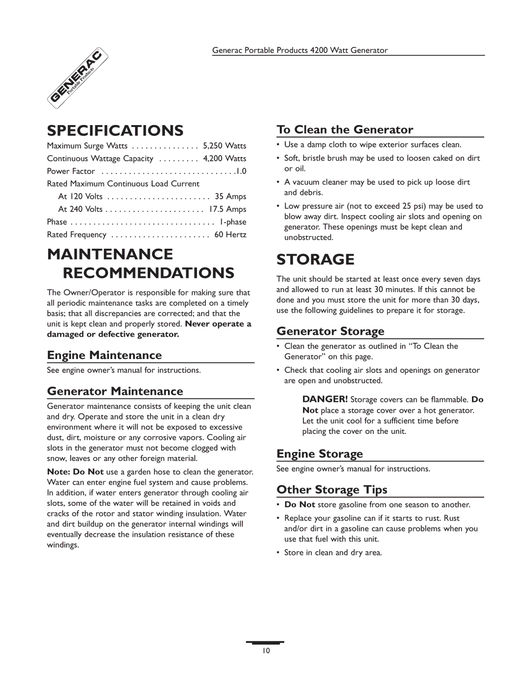 Generac 13050 manual Specifications, Maintenance Recommendations, Storage 