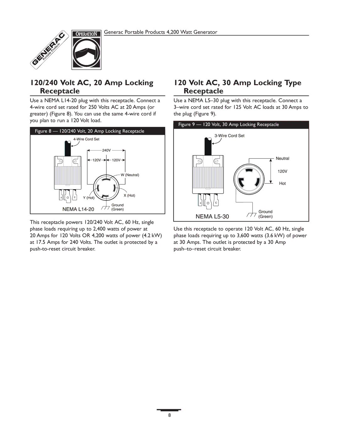 Generac 13050 manual 120/240 Volt AC, 20 Amp Locking Receptacle, Volt AC, 30 Amp Locking Type Receptacle 