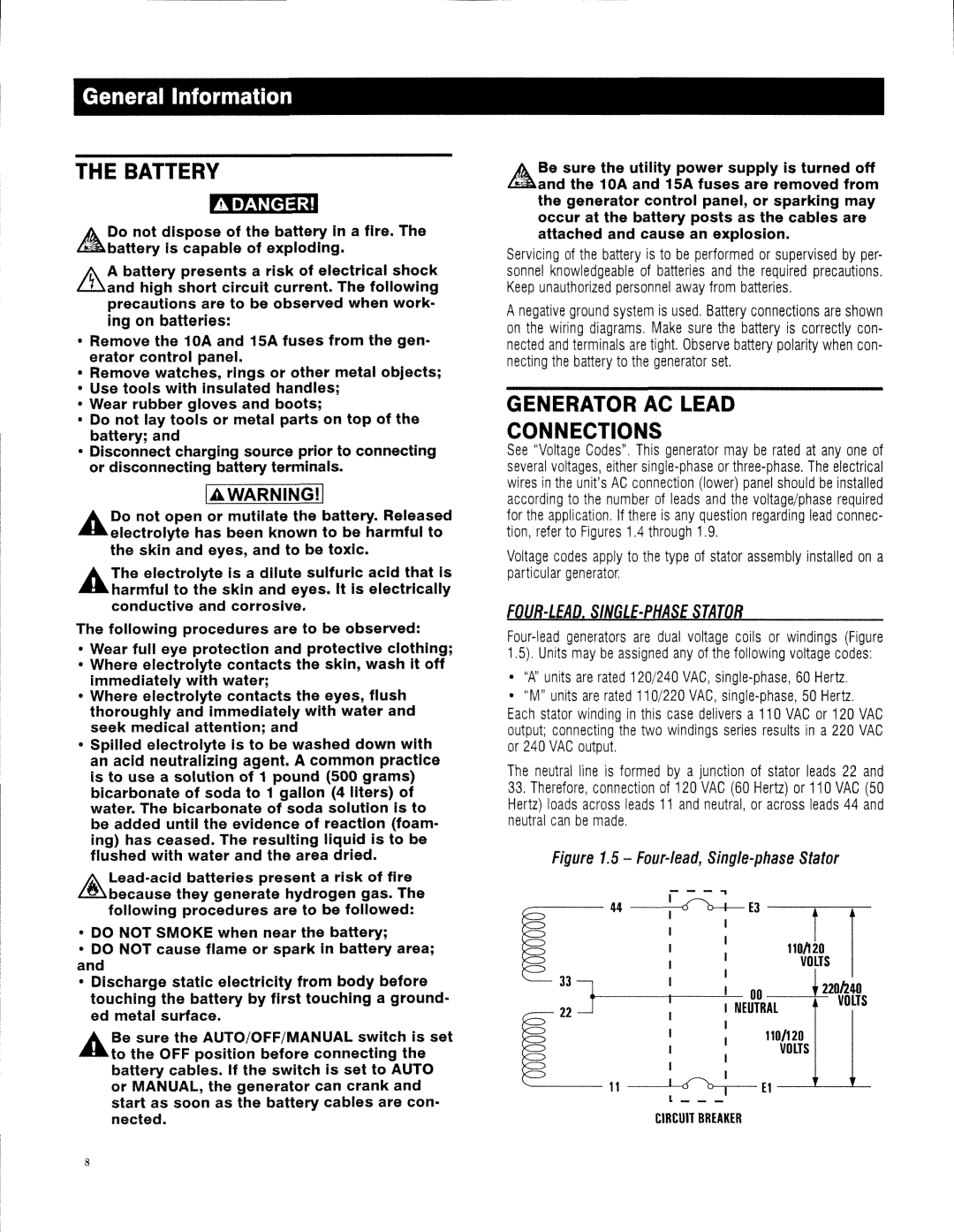 Generac 13694330200 owner manual Battery, Generator AC Lead, Connections 