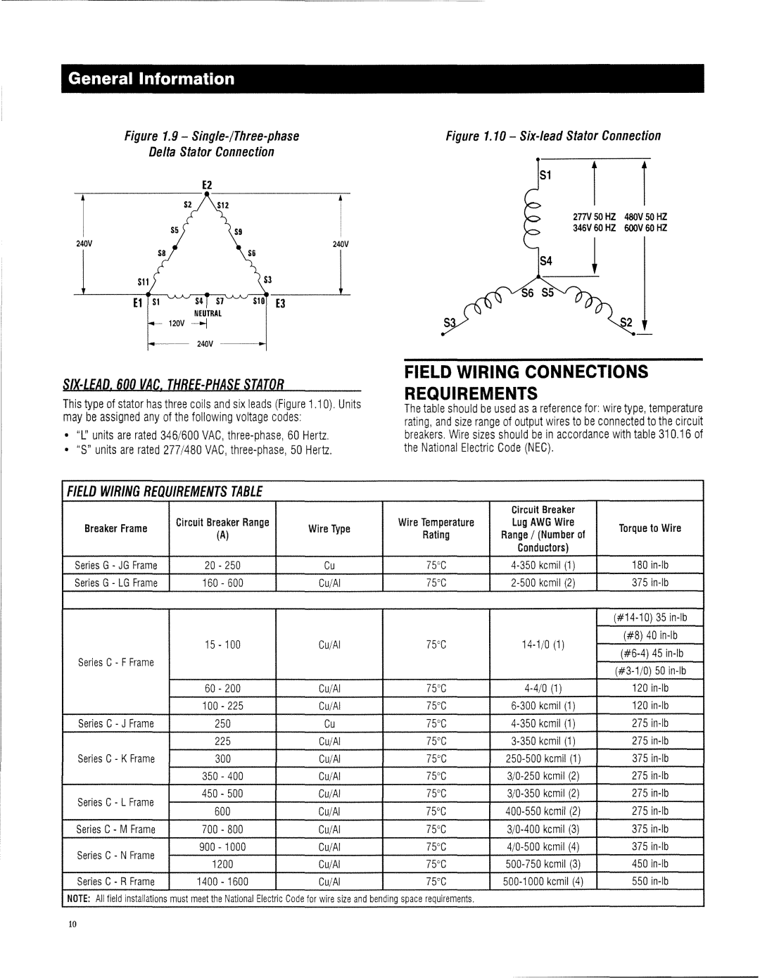 Generac 13694330200 owner manual SIX-LEAD VAG, THREE-PHASE Stator, Field Wiring Requirements Table 