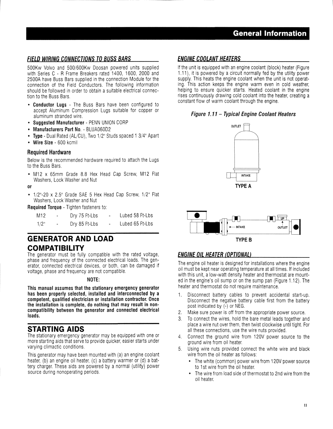 Generac 13694330200 owner manual Generator and Load Compatibility, Starting Aids, Field Wiring Connections to Buss Bars 