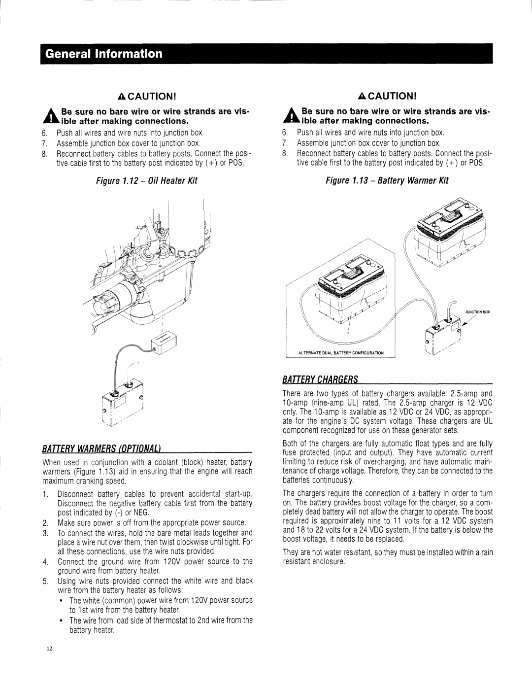 Generac 13694330200 owner manual Battery Warmers Optional, Battery Chargers 