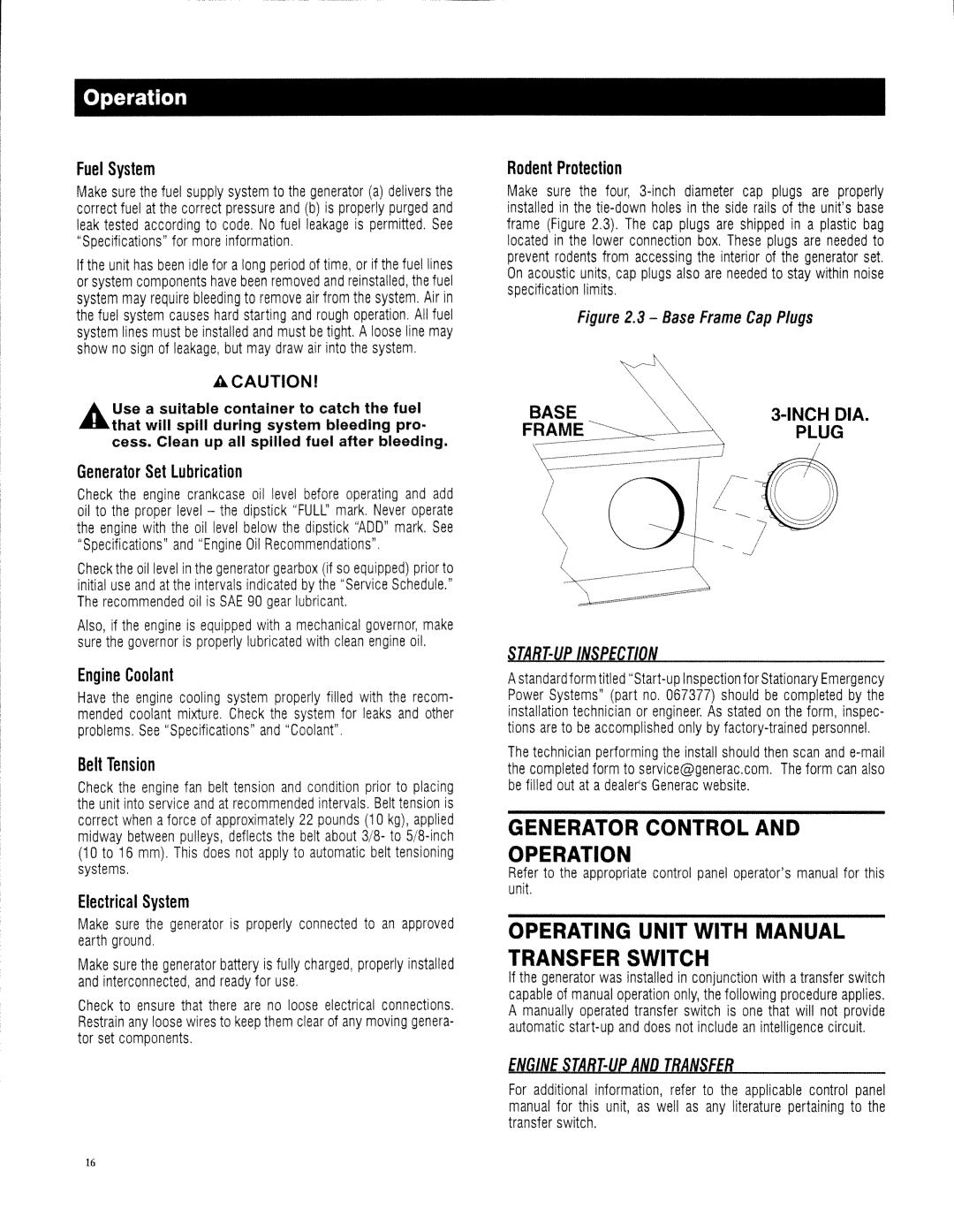 Generac 13694330200 owner manual Generator Control and Operation, Operating Unit with Manual Transfer Switch 