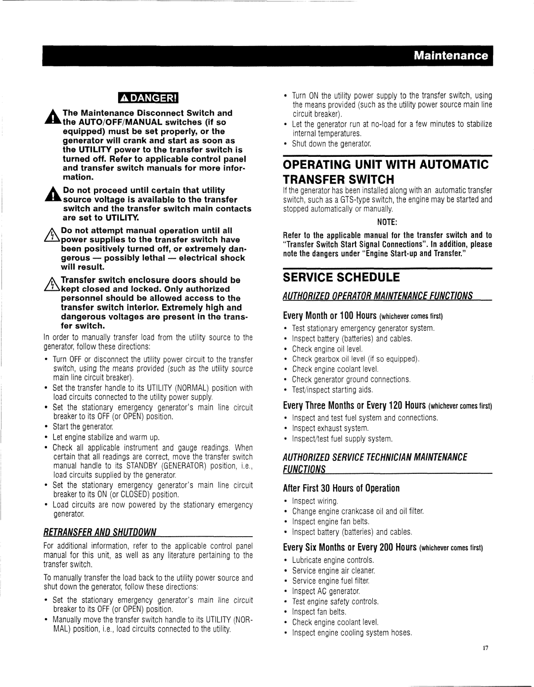 Generac 13694330200 owner manual Transfer Switch, Service Schedule, Retransfer and Shutdown 