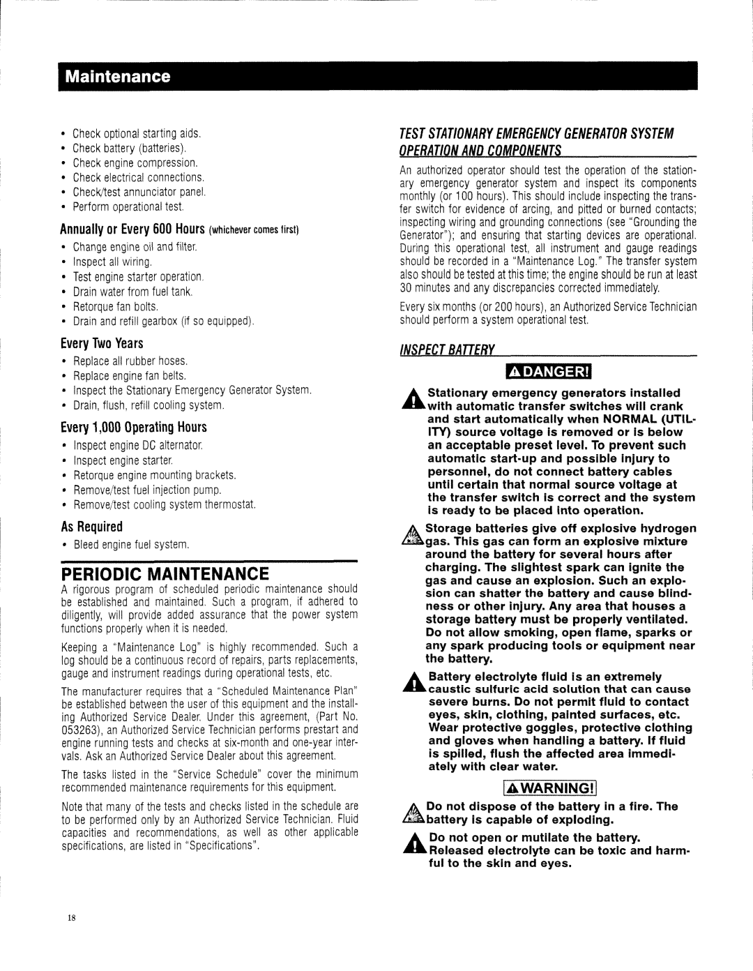 Generac 13694330200 owner manual Periodic Maintenance, Annually or Every 600 Hours whichever comes first 