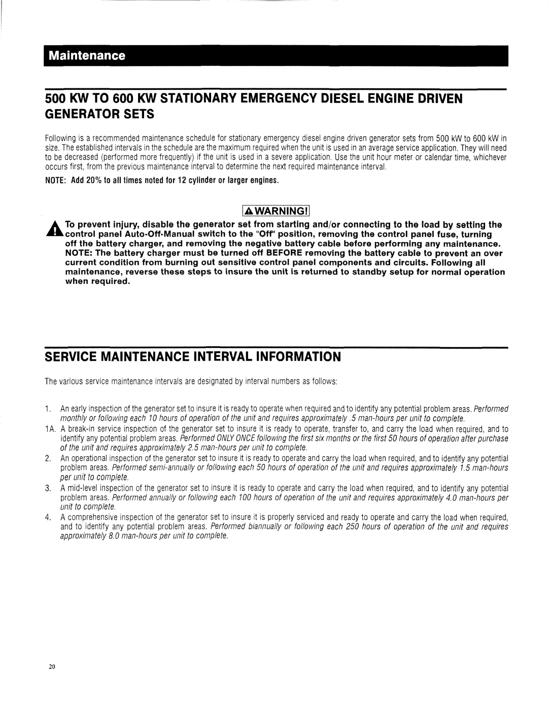 Generac 13694330200 owner manual Service Maintenance Interval Information 