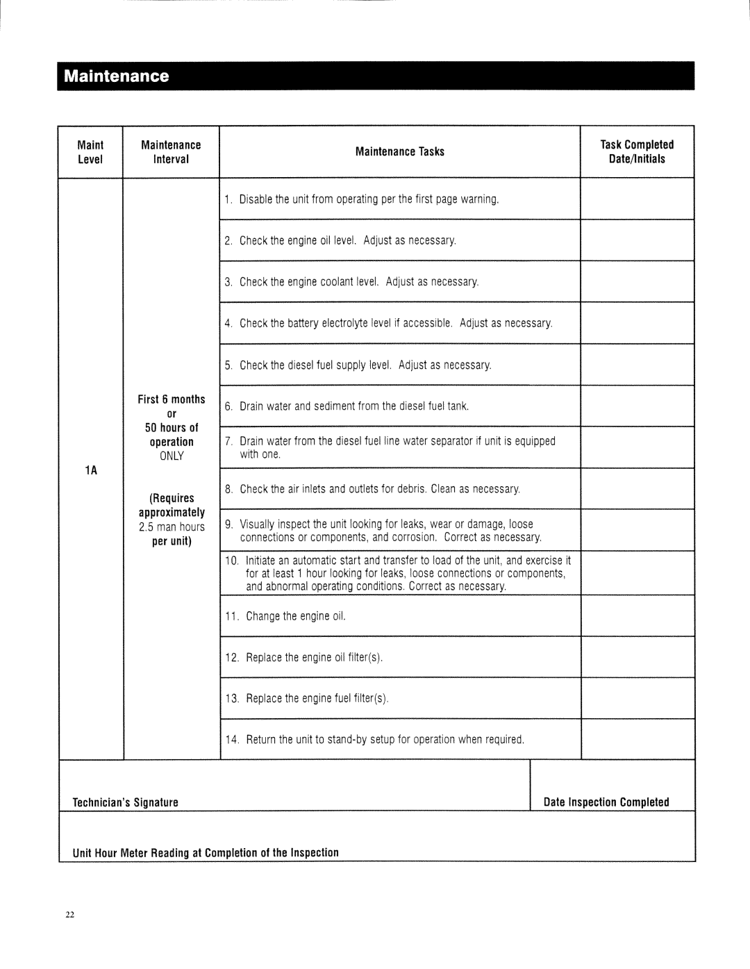 Generac 13694330200 owner manual Maint Maintenance Maintenance Tasks Task Completed 