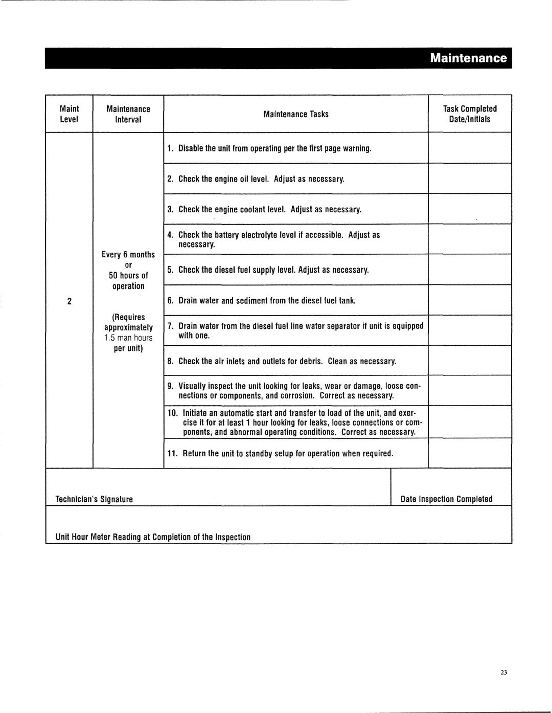 Generac 13694330200 owner manual Maint Maintenance Maintenance Tasks Task Completed 