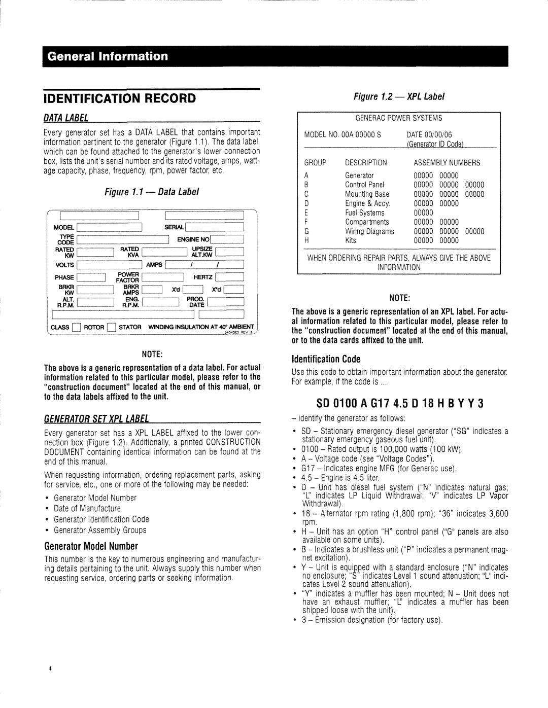 Generac 13694330200 owner manual Identification Record, Data Label, Generator SET XPL Label 