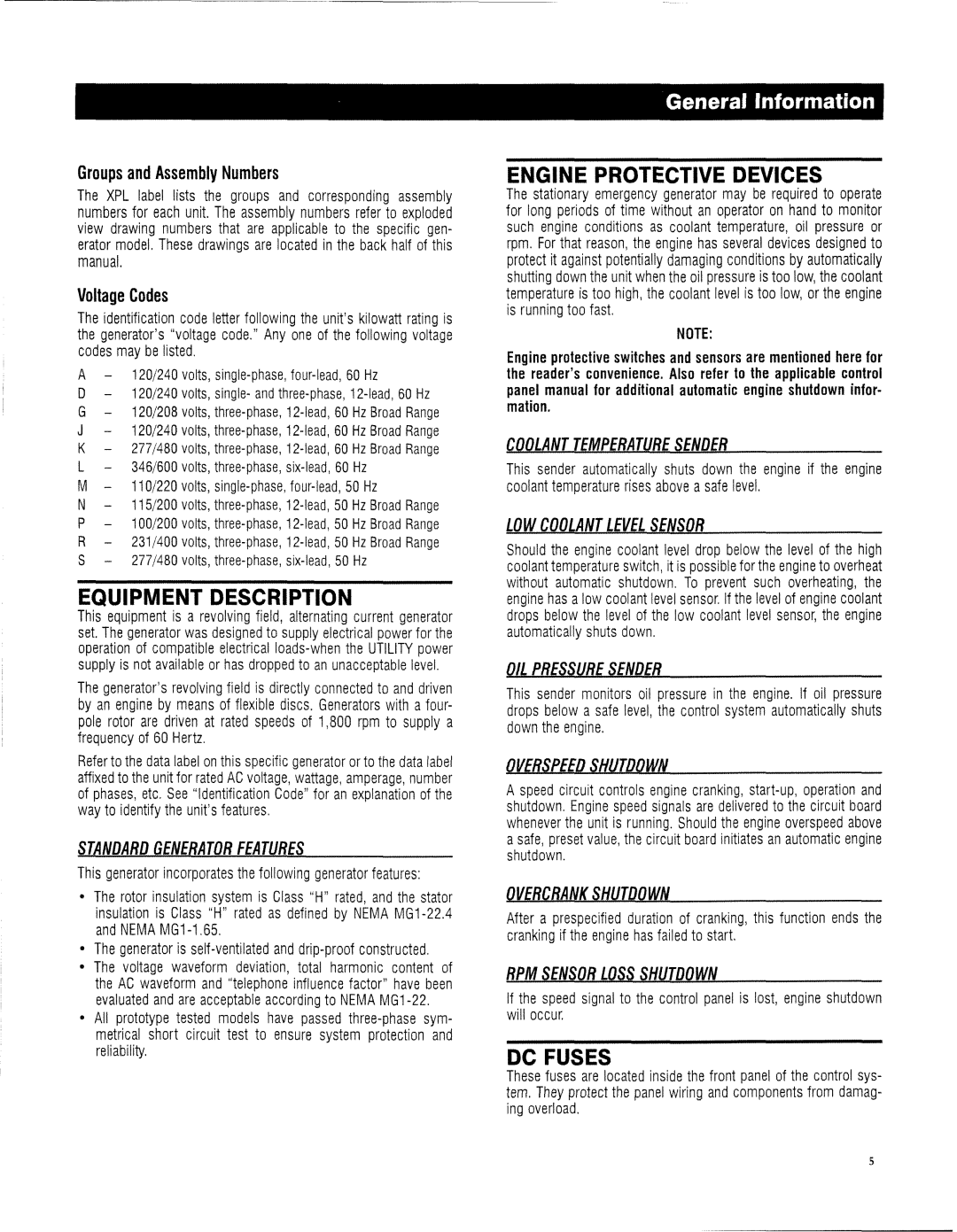 Generac 13694330200 owner manual Equipment Description, Engine Protective Devices, DC Fuses 