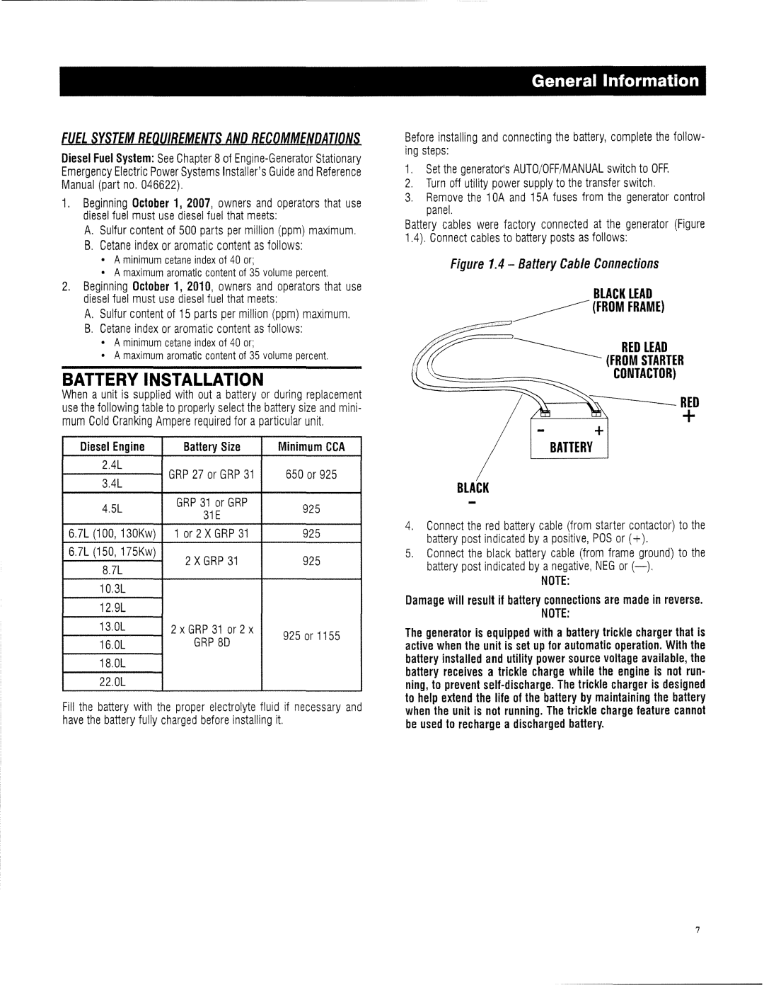 Generac 13694330200 owner manual Battery Installation, Fuel System Reduirements and Recommendations 