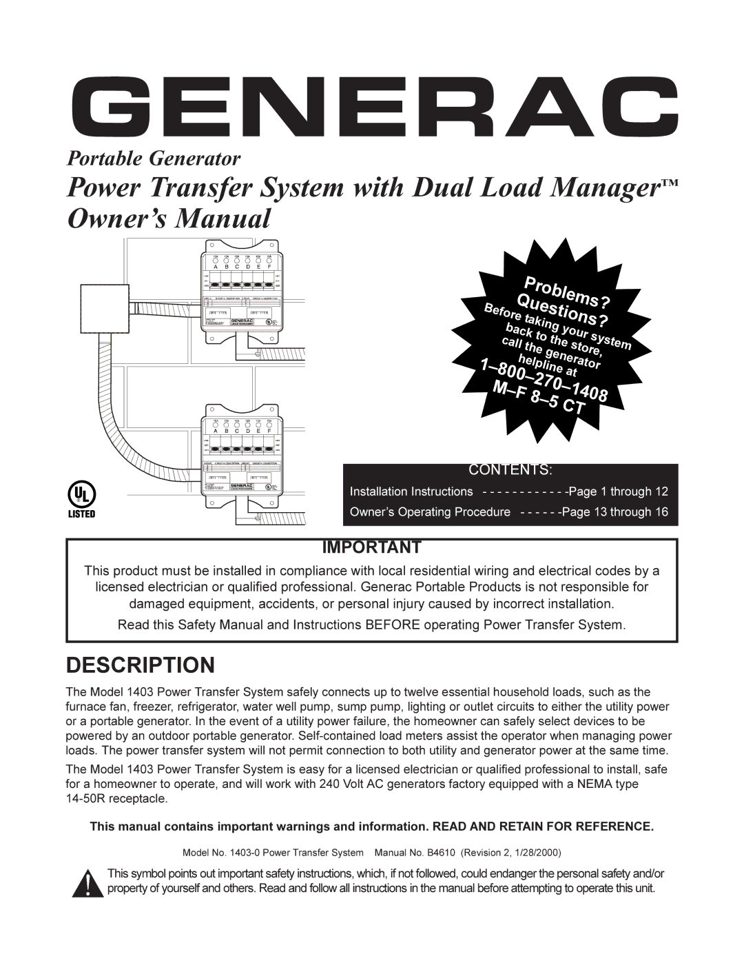 Generac 1403-0 manual Generac, Description 