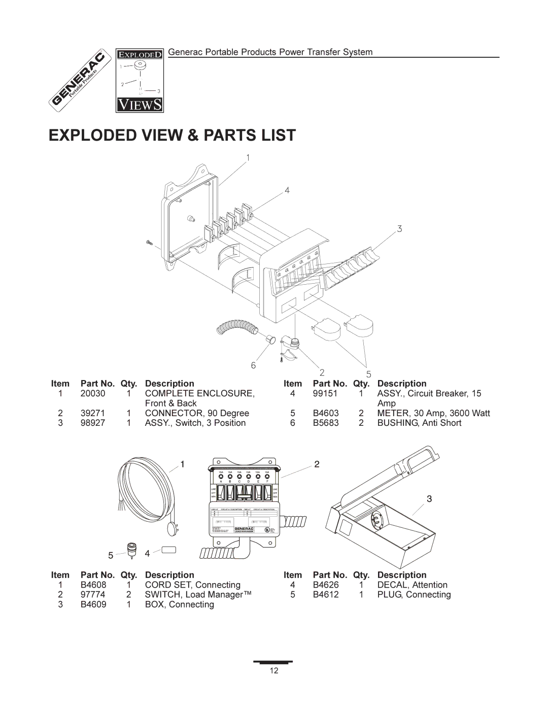 Generac 1403-0 manual Exploded View & Parts List, Description Qty 