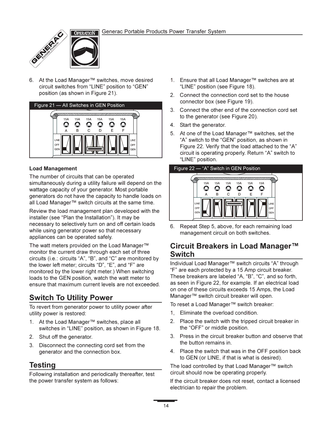 Generac 1403-0 manual Switch To Utility Power, Testing, Circuit Breakers in Load Manager Switch 