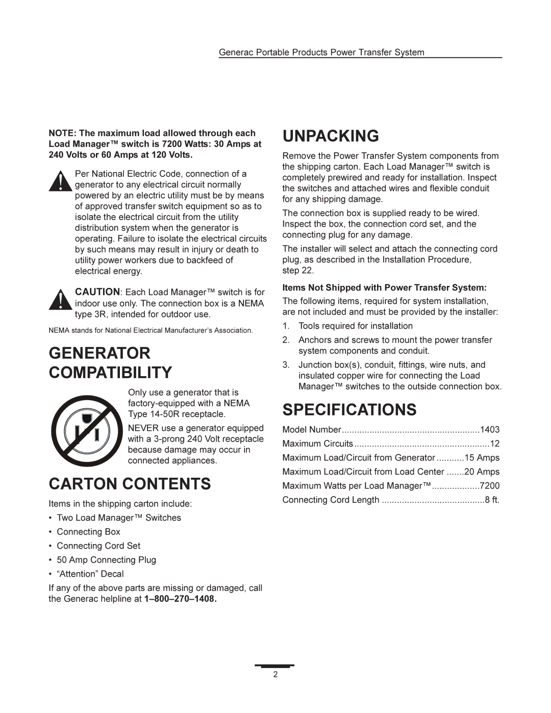 Generac 1403-0 manual Unpacking, Generator Compatibility, Carton Contents, Specifications 