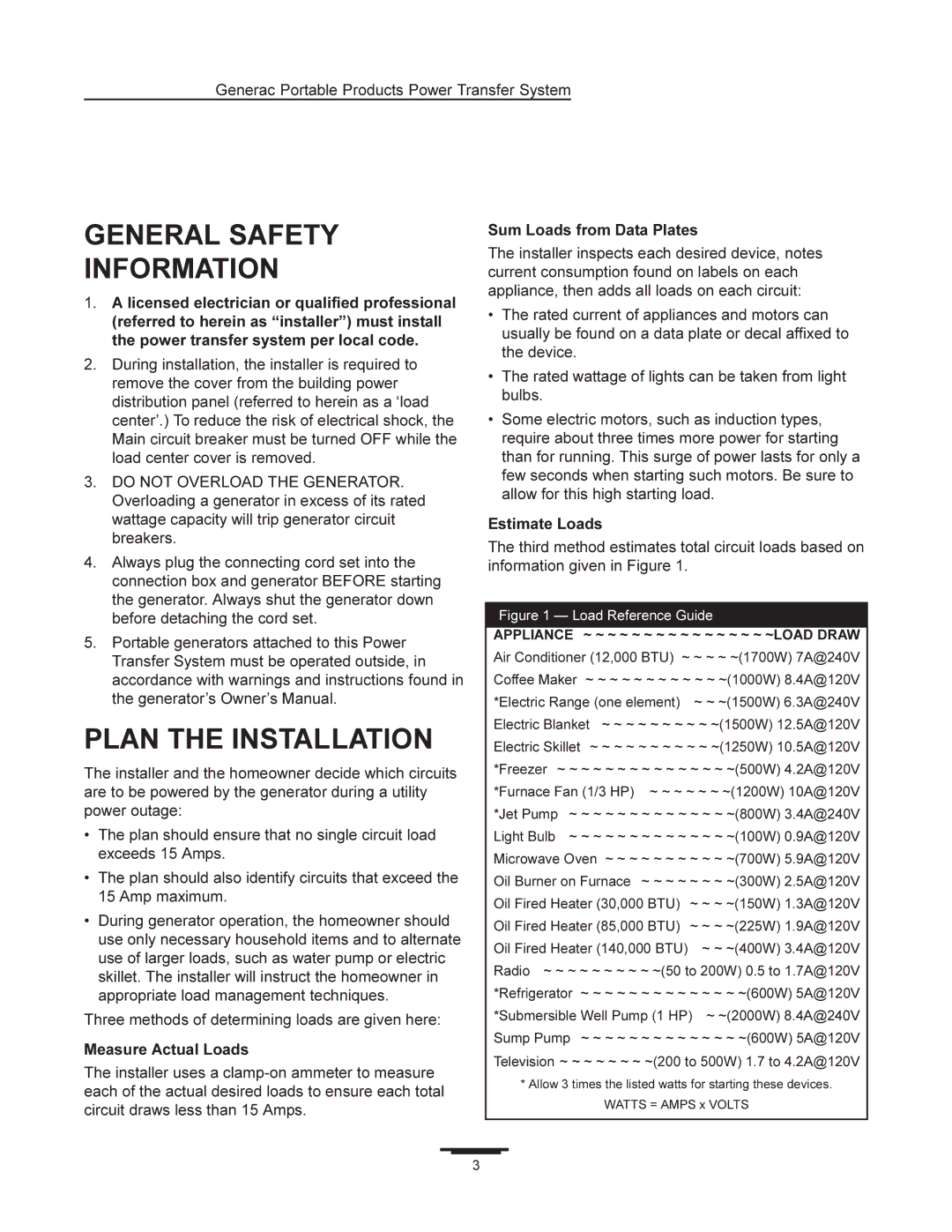 Generac 1403-0 manual General Safety Information, Plan the Installation, Measure Actual Loads, Sum Loads from Data Plates 