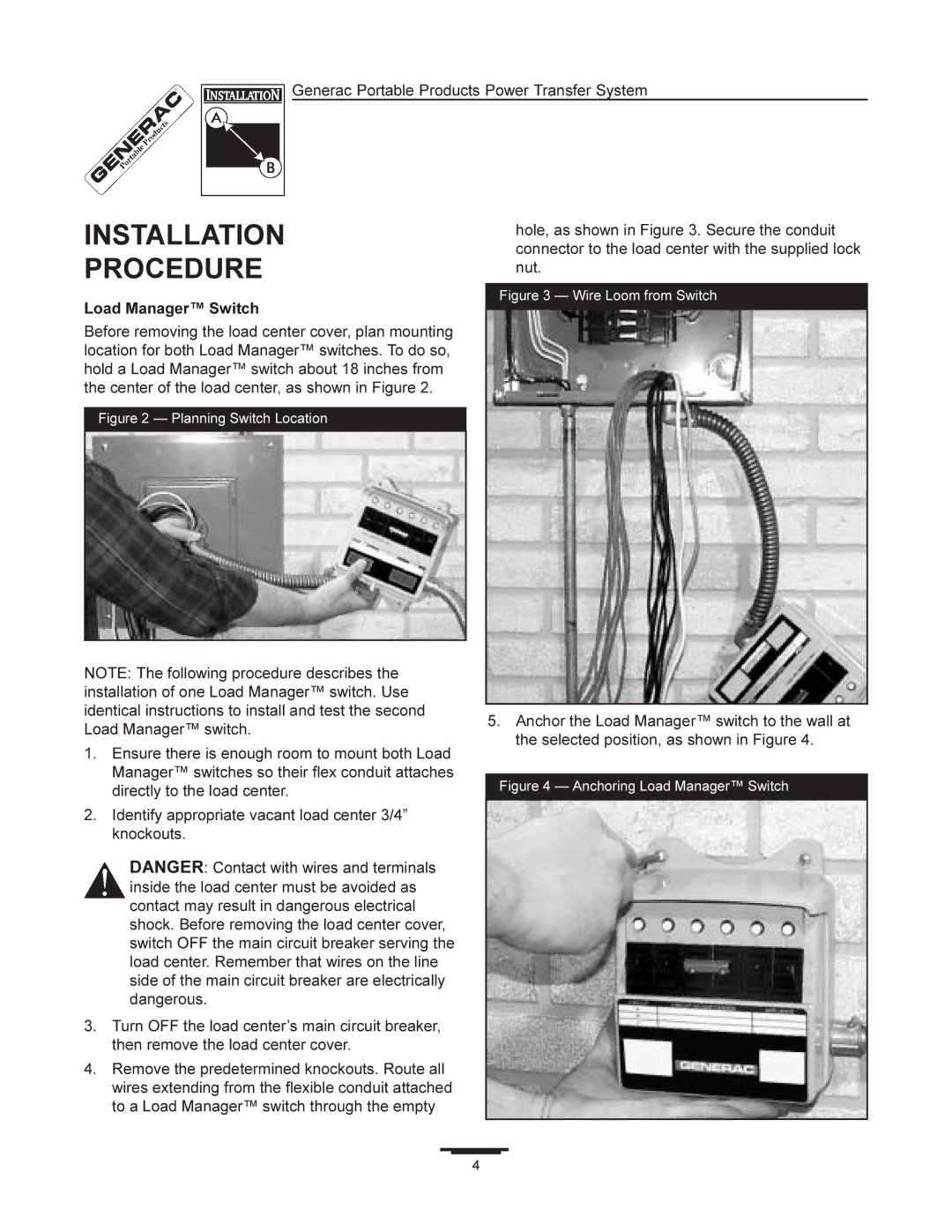 Generac 1403-0 manual Installation Procedure, Load Manager Switch 