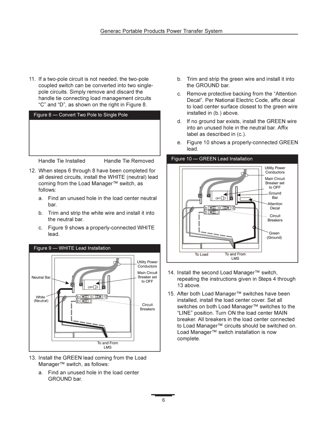 Generac 1403-0 manual Shows a properly-connected Green lead 