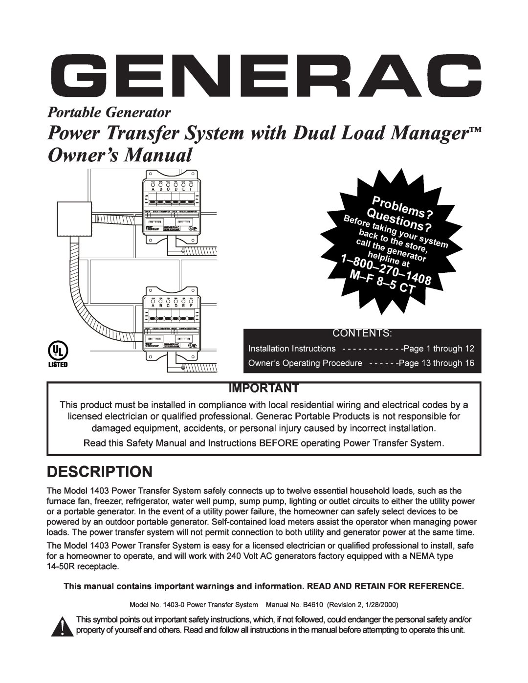 Generac 1403-0 manual Description, Generac, Power Transfer System with Dual Load Manager Owner’s Manual, Problems?, 5 CT 