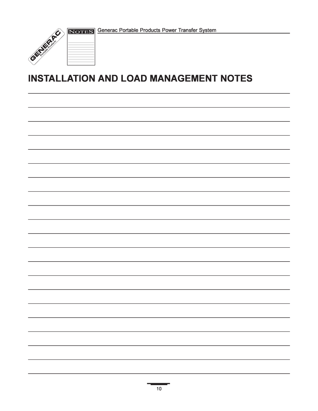 Generac 1403-0 manual Installation And Load Management Notes, Generac Portable Products Power Transfer System 