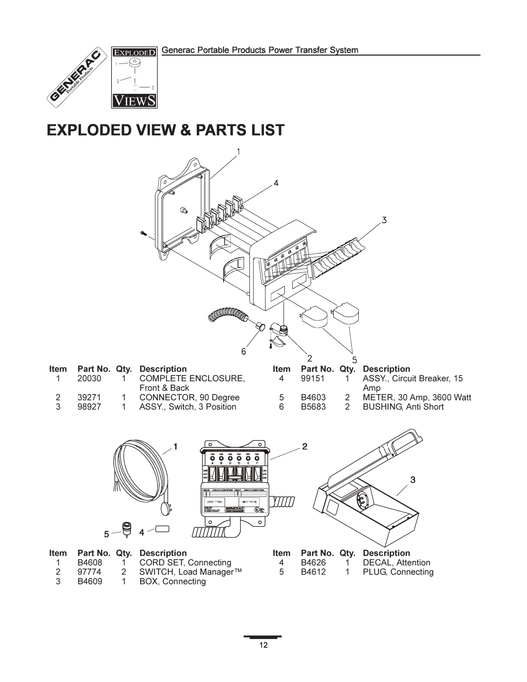 Generac 1403-0 manual Exploded View & Parts List, Description 