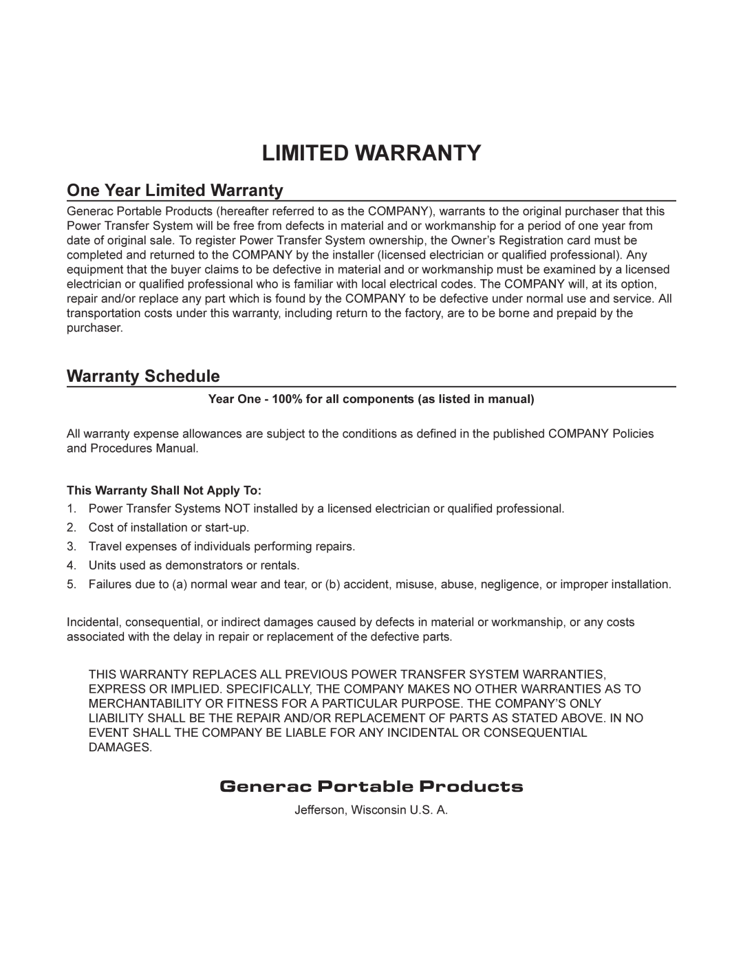 Generac 1403-0 manual One Year Limited Warranty, Warranty Schedule, Generac Portable Products 