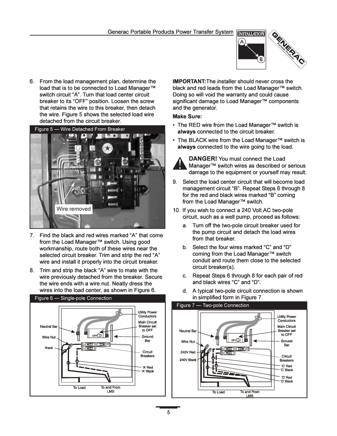 Generac 1403-0 manual Make Sure, Wire Detached From Breaker, Single-pole Connection, Two-pole Connection 