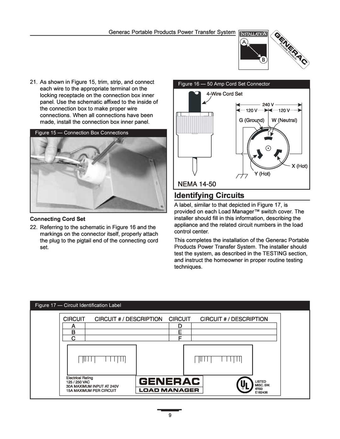 Generac 1403-0 manual Identifying Circuits, Connecting Cord Set 