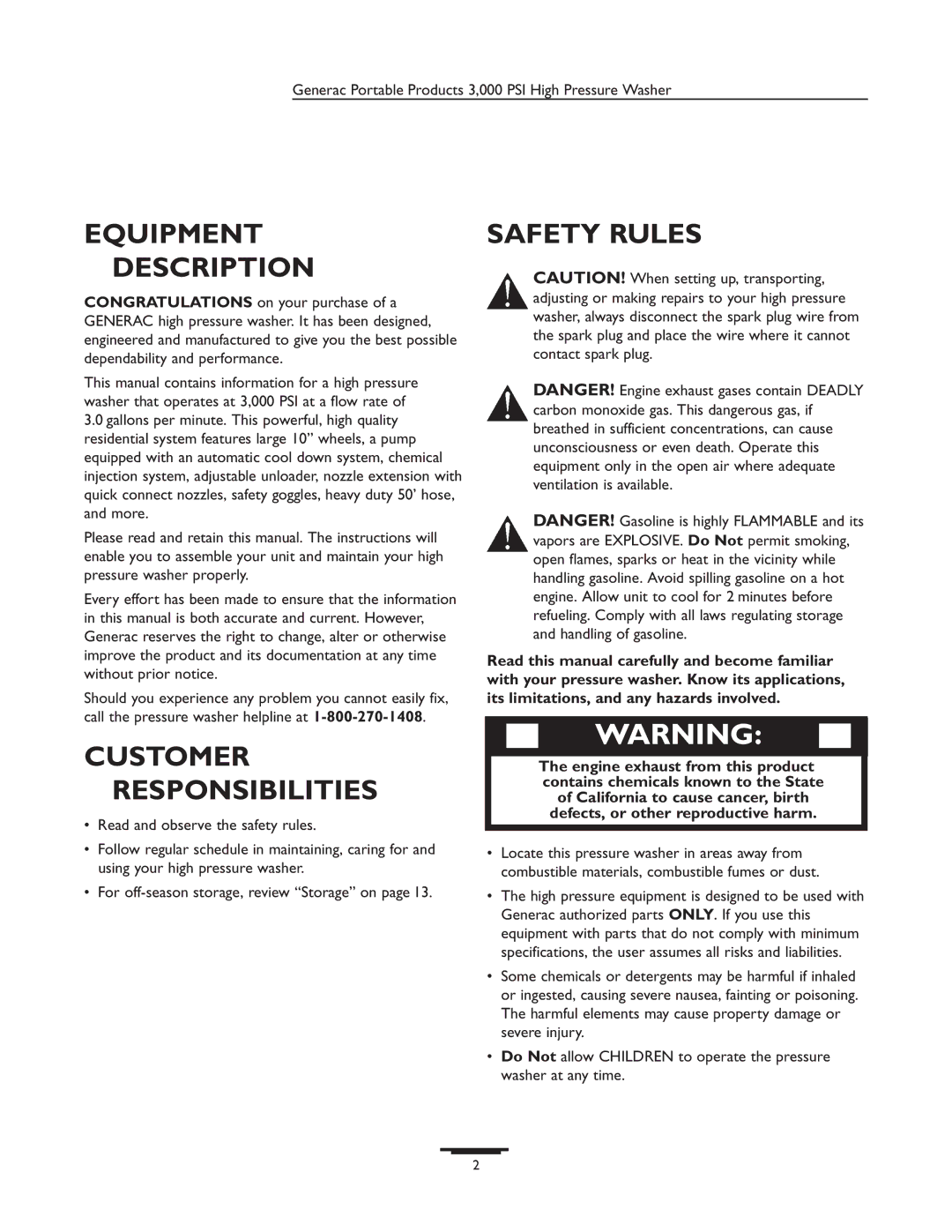 Generac 1418-0 manual Equipment Description, Customer Responsibilities, Safety Rules 