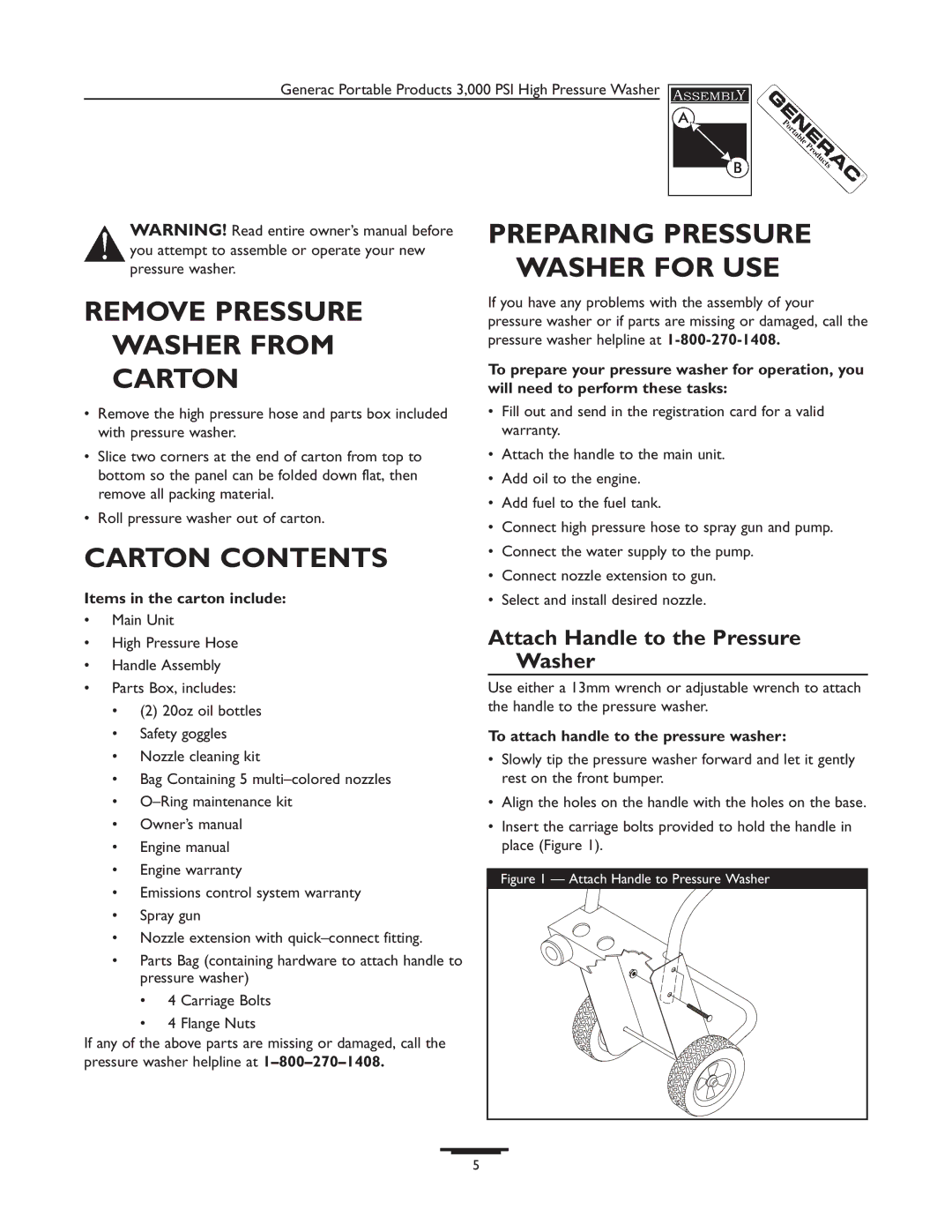 Generac 1418-0 manual Remove Pressure Washer from Carton, Carton Contents, Preparing Pressure Washer for USE 