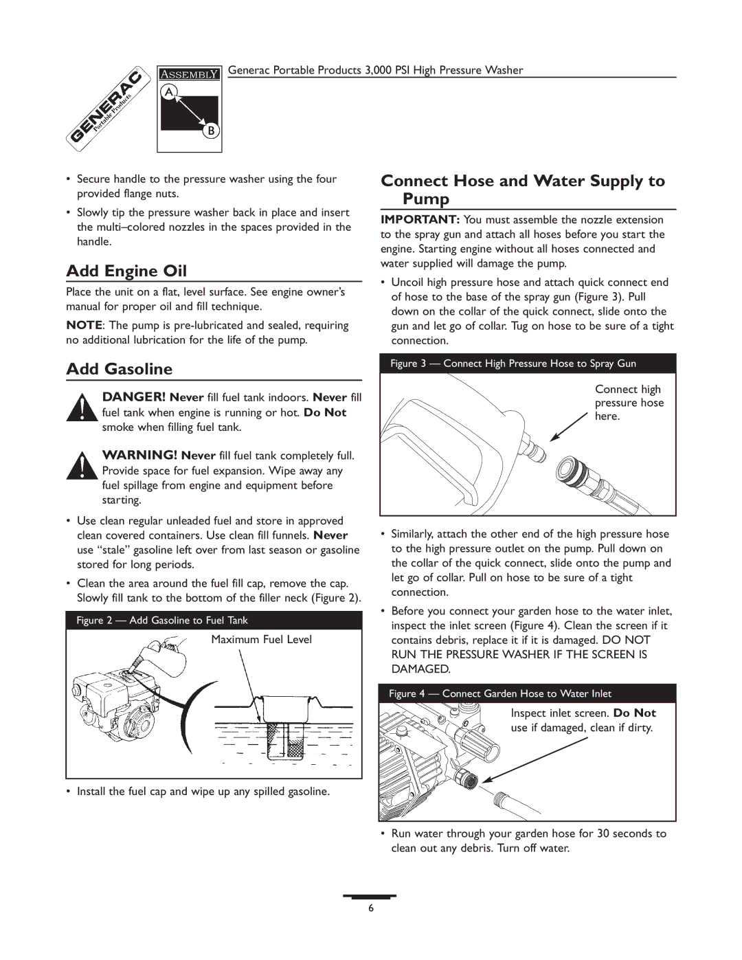 Generac 1418-0 manual Add Engine Oil Connect Hose and Water Supply to Pump, Add Gasoline 