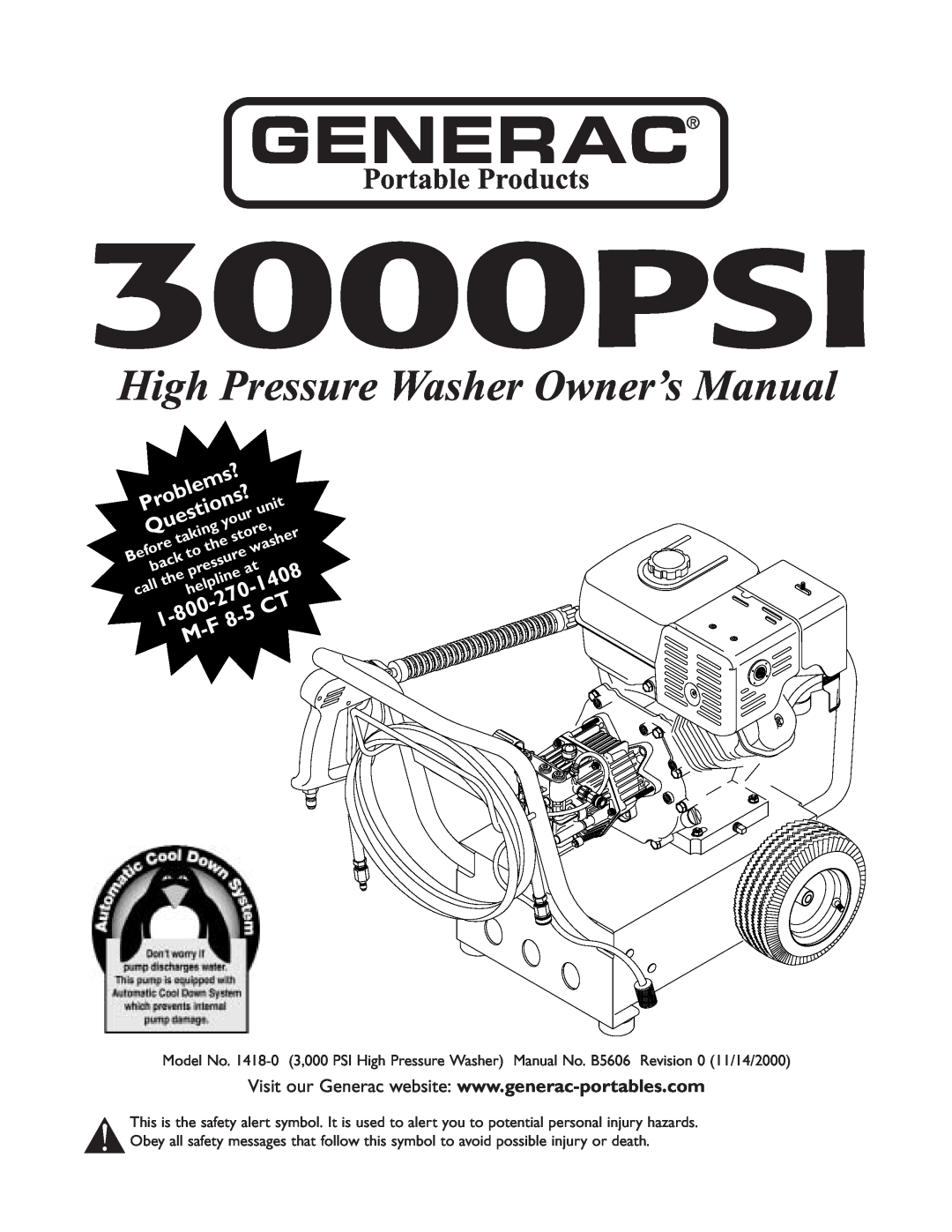 Generac 1418-0 manual 3000PSI, High Pressure Washer Owner’s Manual, Questions?, 1408, Problems?, unit, your, store, Before 
