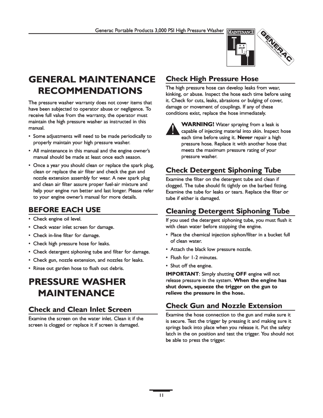 Generac 1418-0 General Maintenance Recommendations, Pressure Washer Maintenance, Check High Pressure Hose, Before Each Use 